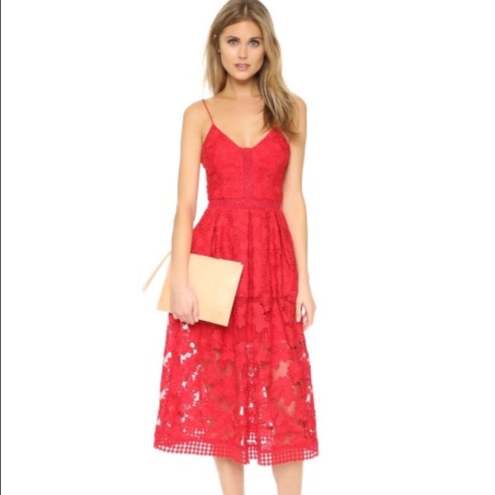 Nicholas floral lace rouleau dress in hibiscus red